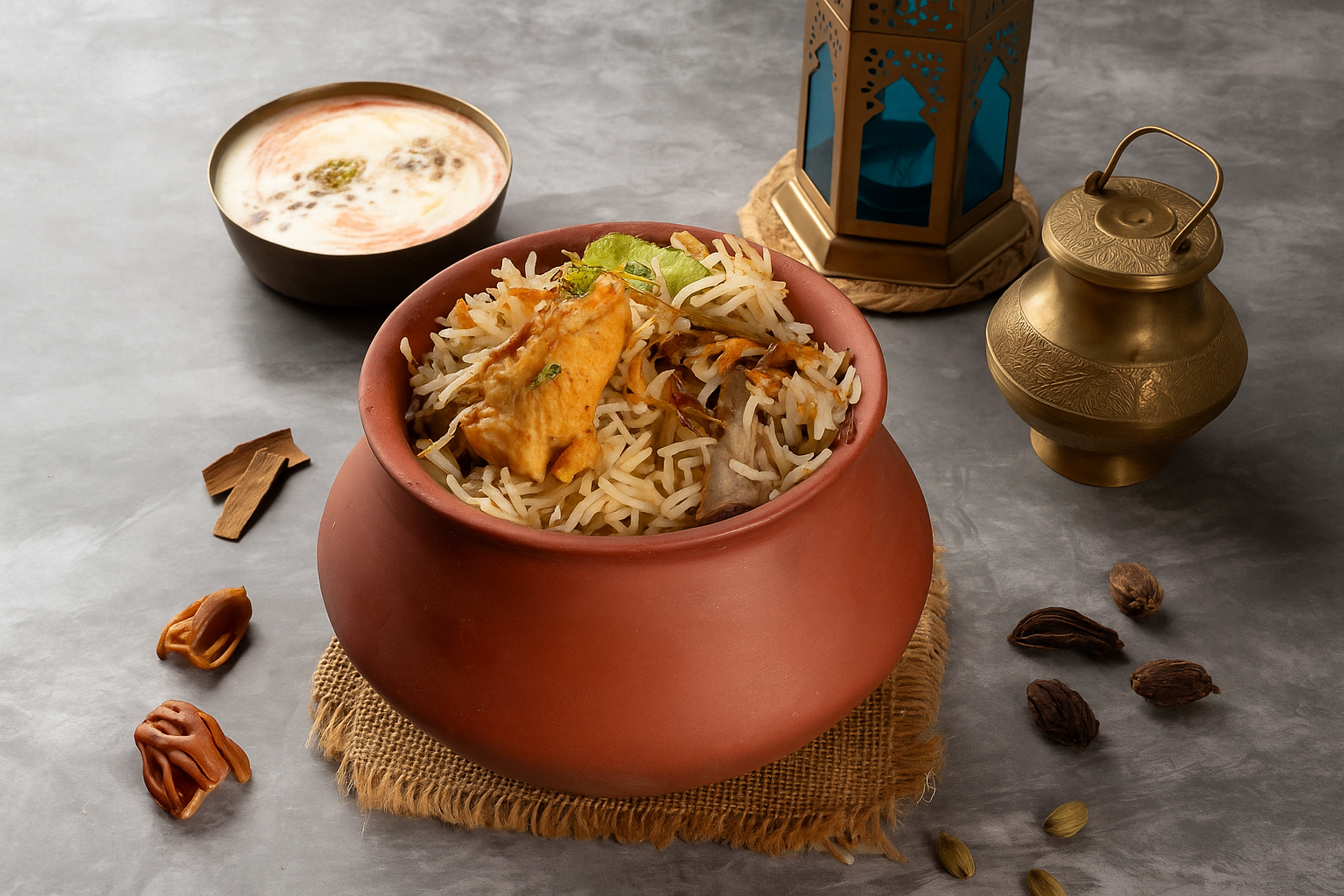 Dum biryani served in a clay handi